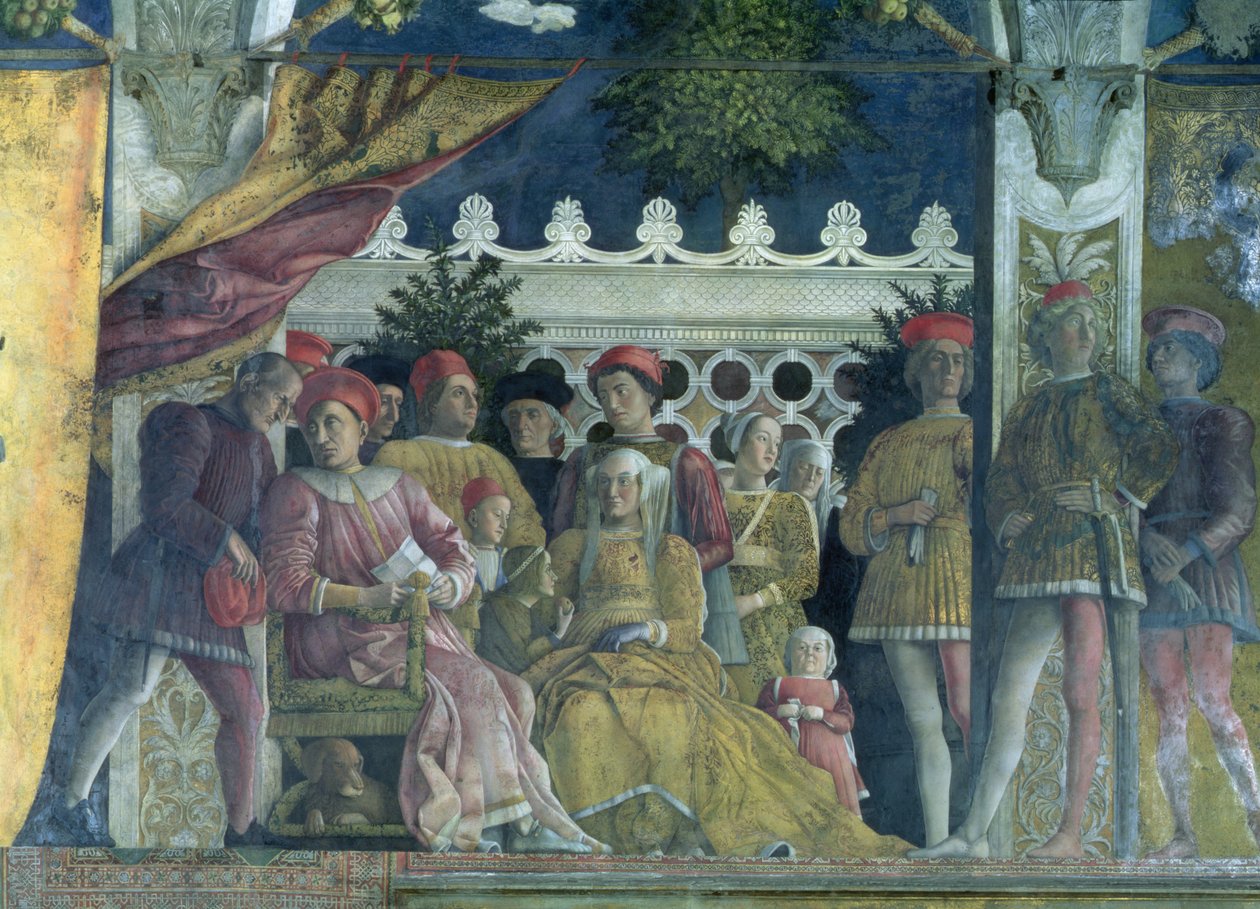 Marchese Ludovico Gonzaga III von Mantua (regierte 1444-78), seine Frau Barbara von Brandenburg, Kinder, Höflinge und ihr Hund Rubino, aus der Camera degli Sposi oder Camera Picta, 1465-74 (Detail) von Andrea Mantegna