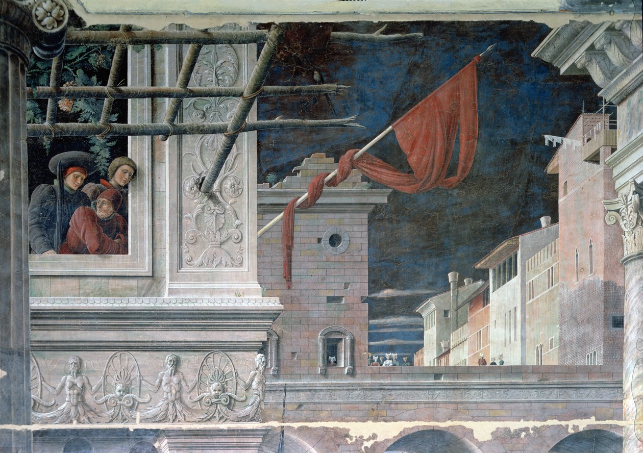 Das Martyrium des hl. Christophorus, Detail der Gebäude, ca. 1450-56 von Andrea Mantegna