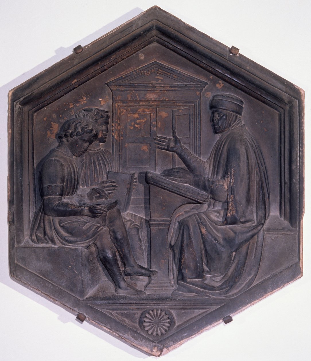 Grammatik, sechseckige dekorative Fliese aus einer Serie, die die Sieben Freien Künste darstellt, möglicherweise basierend auf Entwürfen von Giotto (c.1266-1337) c.1334-48 von Andrea Pisano