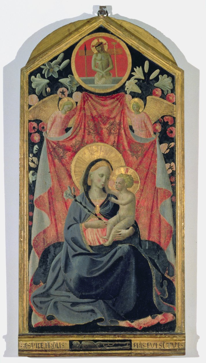 Madonna und Kind mit zwei Engeln und Christus, der aus dem Grab auferstanden ist von Andrea di Giusto Manzini