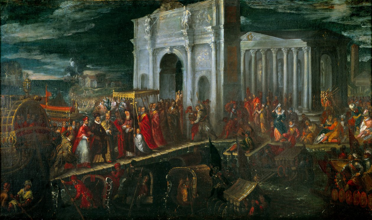 Empfang des Herzogs von Anjou in San Nicolo di Lido in Venedig durch den Dogen Moncenigo, während seiner Rückreise von Polen nach Frankreich, 28. Juli von Andrea Vicentino