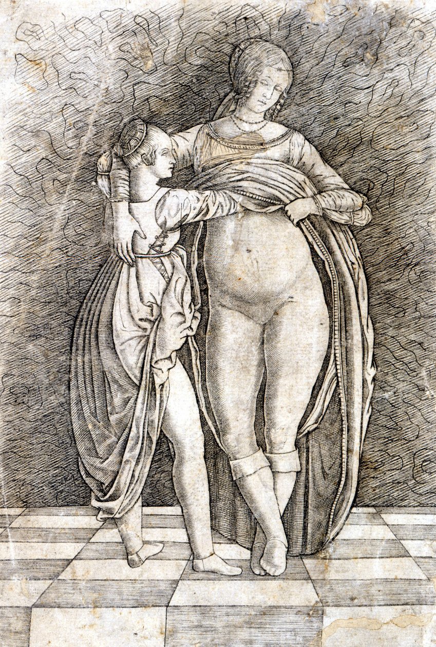 Ein junges Mädchen zieht eine Frau aus. Gravur von Andrea Zoan. 15. Jahrhundert von Andrea (attr. to) Zoan