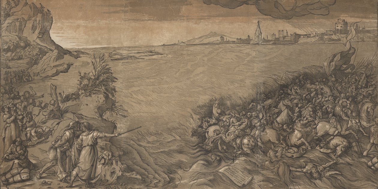Die Überquerung des Roten Meeres, Moses steht links und zeigt auf die untergehende Armee..., 1589 von Andrea Andreani