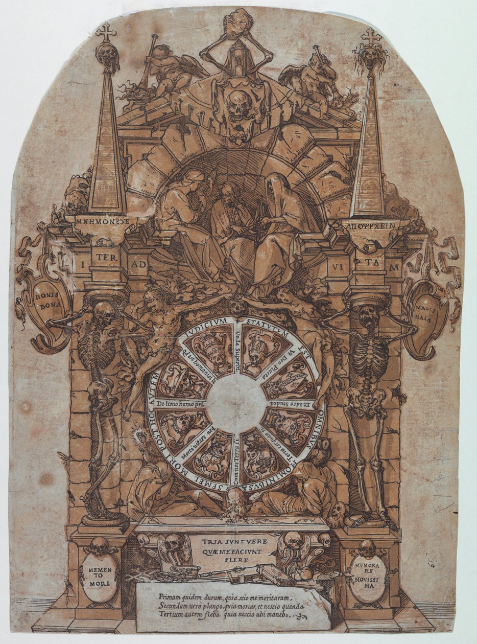 Triumph des Todes mit drei Schicksalsgöttinnen in einem architektonischen Rahmen über einem Glücksrad, flankiert von Skeletten; ein Schädel und eine Sanduhr oben und mit einem Rad, das sich in der Mitte drehen soll von Andrea Andreani