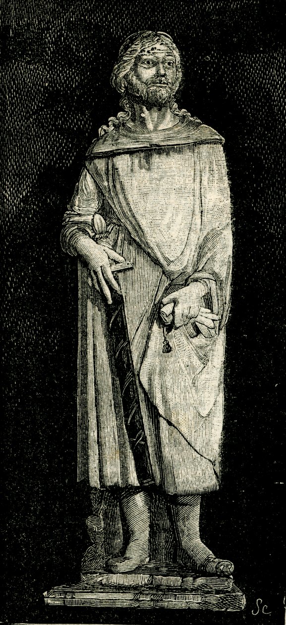 Julian der Gastfreundliche, Statue von Andrea Della Robbia (1435-1525 oder 1528), Oratorium der Madonna del Buon Consiglio, Prato, Toskana, Italien, Holzschnitt aus Le cento citta d