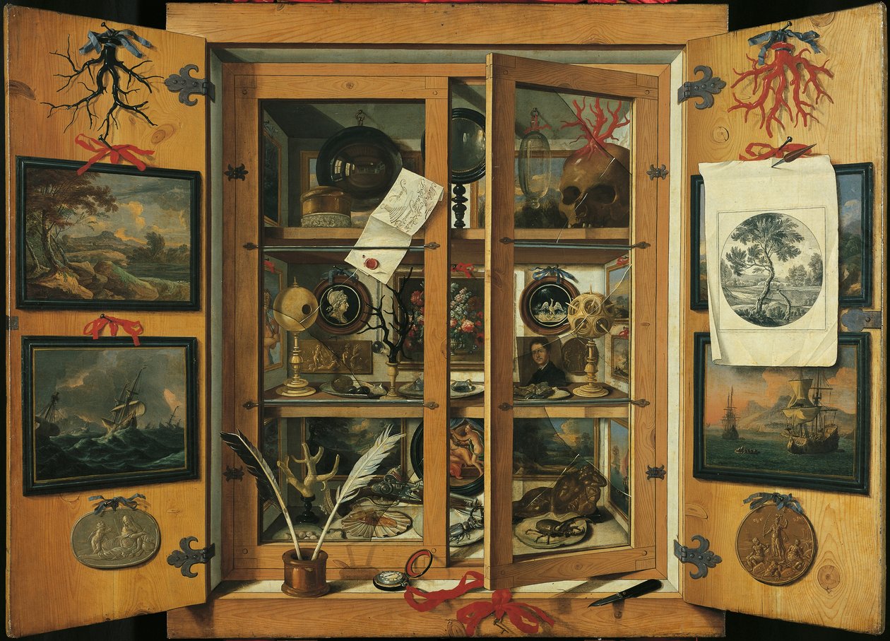 Kuriositätenkabinett (mit Glastüren) mit verschiedenen Objekten, von Andrea Dominico Remps (1621-1699) von Andrea Domenico Remps