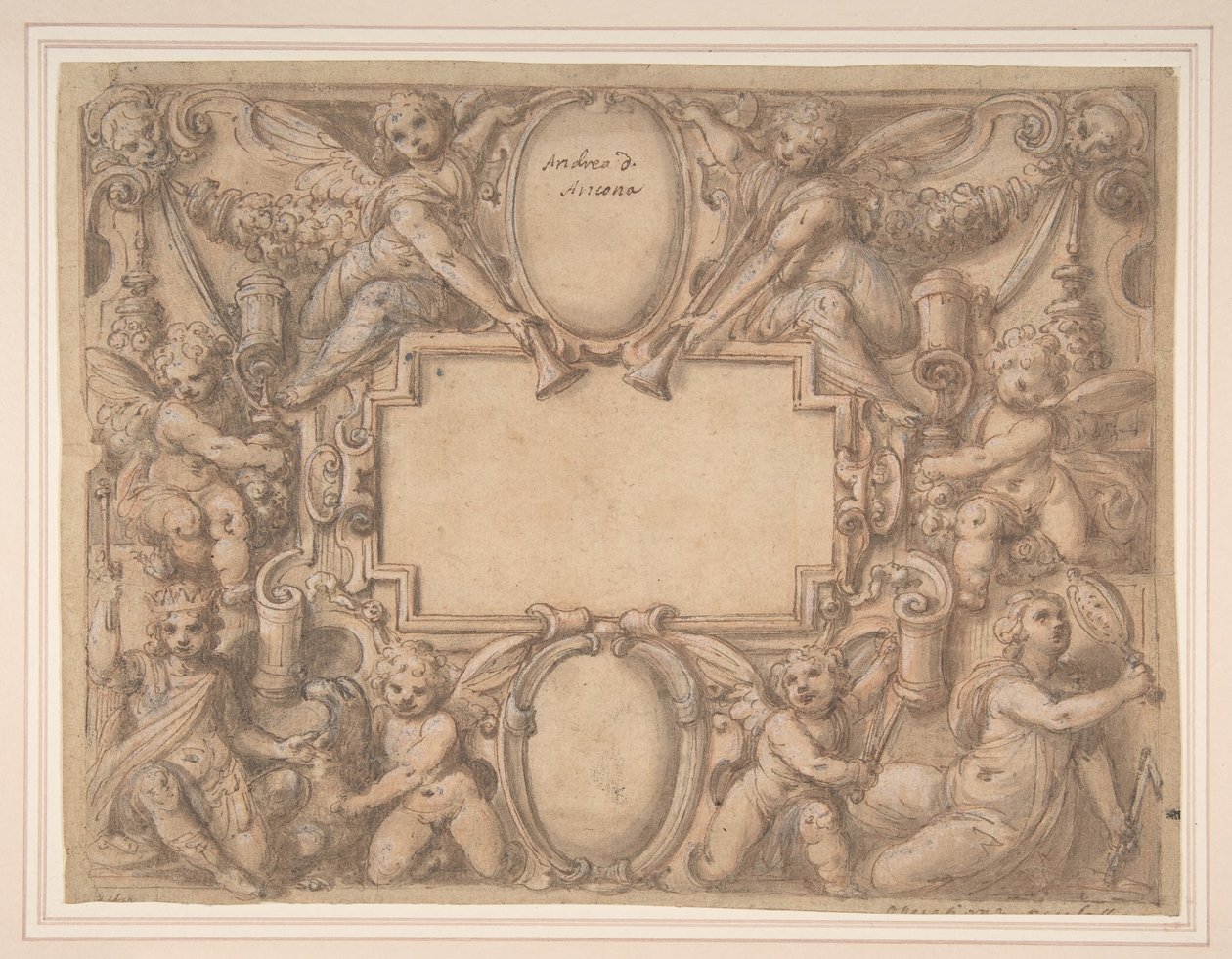 Eine Kartusche und zwei Schilde umgeben von allegorischen Figuren, 1570-1631 von Andrea Lilli