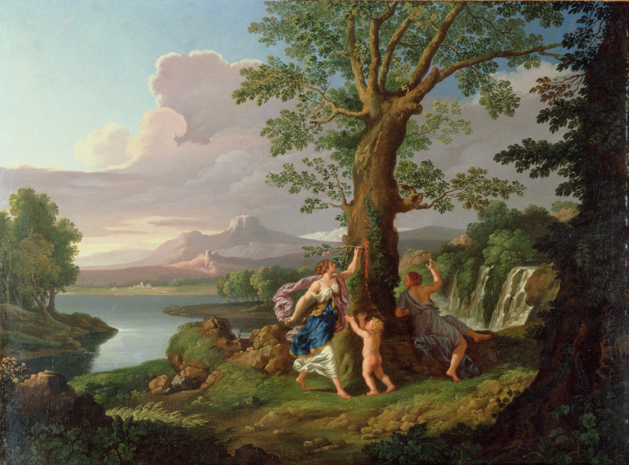 Flusslandschaft mit einer Nymphe, die einen Ast von einem blutenden Baum pflückt von Andrea Locatelli
