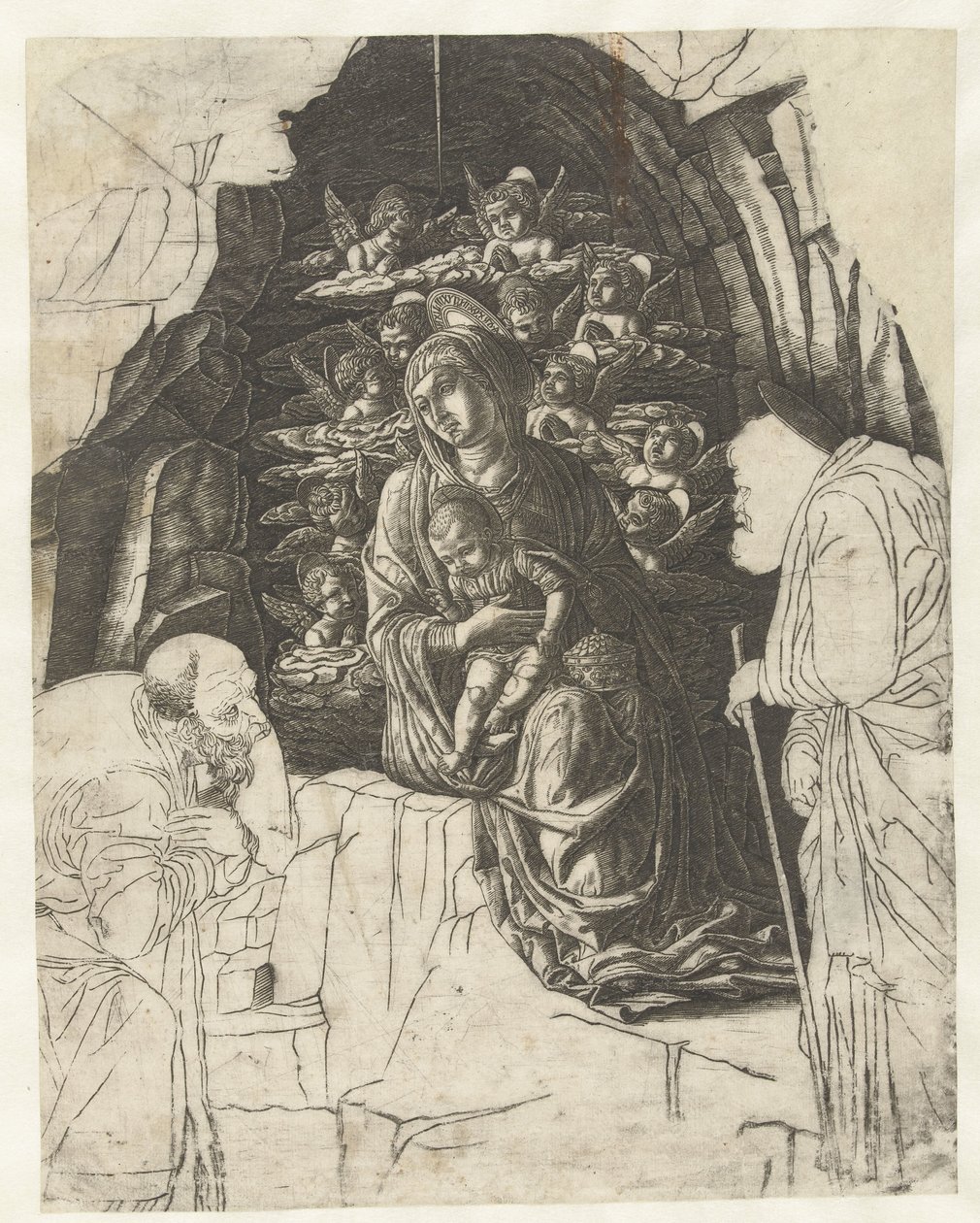 Maria mit Kind umgeben von Engeln in einer Grotte mit Josef und König in Anbetung von Andrea Mantegna (school of)