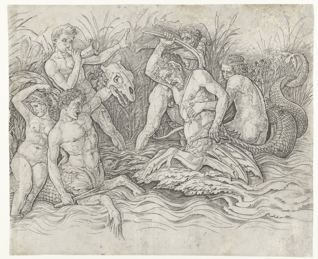 Kampf zwischen Tritonen mit Nereiden auf ihrem Rücken Kampf der Meeresgötter von Andrea Mantegna