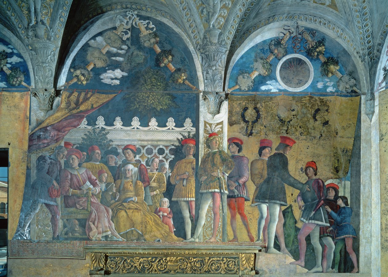 Marchese Ludovico Gonzaga III, seine Frau Barbara von Brandenburg, ihre Kinder, Höflinge und ihr Hund Rubino, aus der Camera degli Sposi oder Camera Picta, 1465-74 von Andrea Mantegna