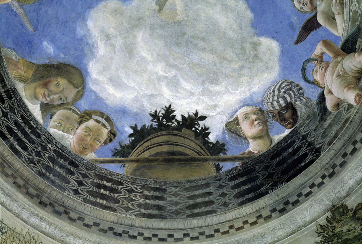 Oculus der Decke des Hauses der Eheleute, Herzogspalast von Mantua, Italien (Camera degli Sposi, Palazzo Ducale, Mantova): Detail von allegorischen Figuren und Putti. Fresko von Andrea Mantegna (1431-1506) von Andrea Mantegna
