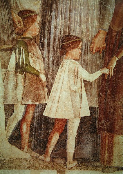 Ankunft von Kardinal Francesco Gonzaga, begrüßt von seinem Vater Marchese Ludovico Gonzaga III und seinen Brüdern, Detail der Gonzaga-Kinder (Detail) von Andrea Mantegna