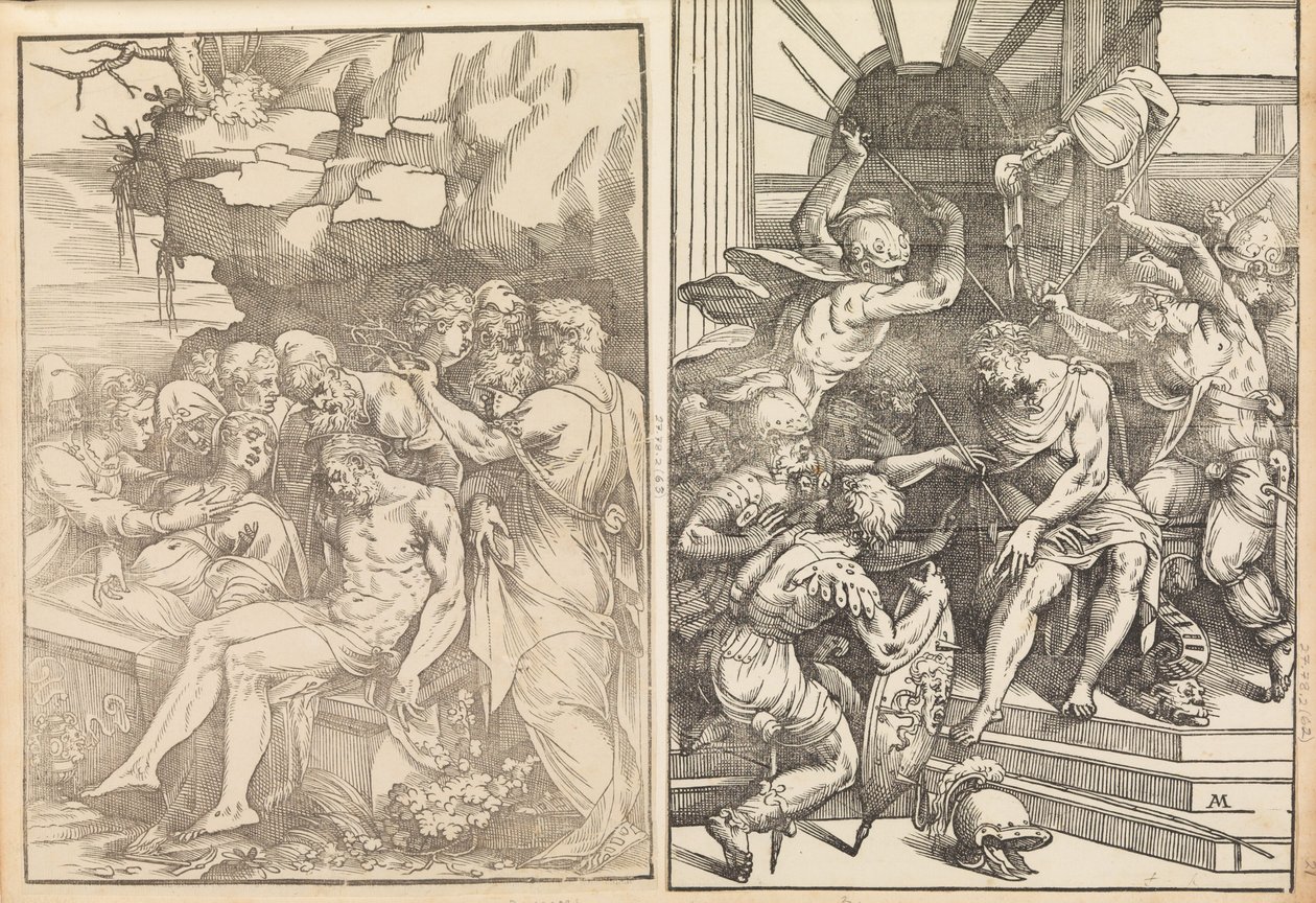 Beweinung Christi, Christus wird von Soldaten angegriffen, ca. 1556-57 von Andrea Schiavone