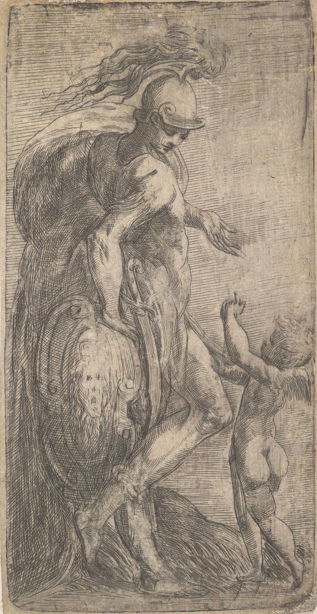 Mars steht links und lehnt sich an ein Schild, Amor rechts, ca. 1542-46 von Andrea Schiavone