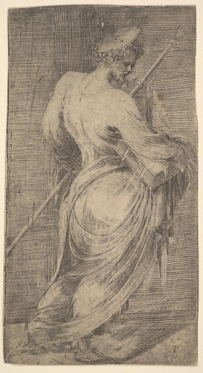 Sankt Jakobus der Ältere, der einen Stab und ein Buch hält, nach rechts blickend, aus Christus und die Apostel, ca. 1548-50 von Andrea Schiavone