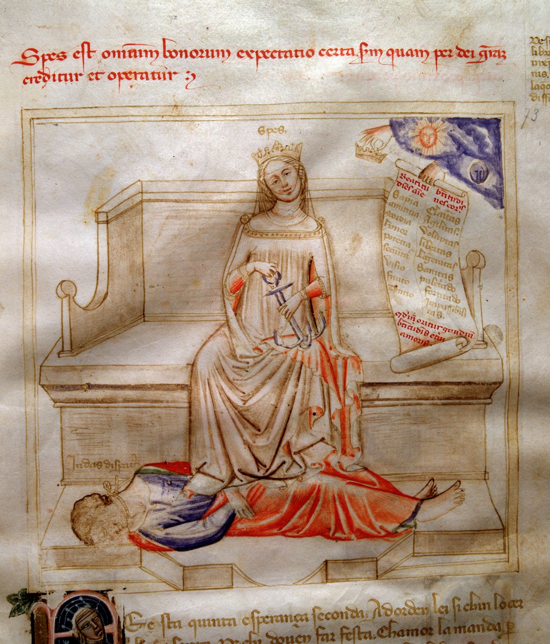 Allegorie des Glaubens in „Chansonne des sept virtues et des sept arts liberaux destinee a Bruzio Visconti“ (La Canzone delle Virtu e delle Scienze) von Bartolomeo di Bartoli. Aquarell von Andrea di Bartoli (aktiv zwischen 1358 und 1368) von Andrea de Bartoli