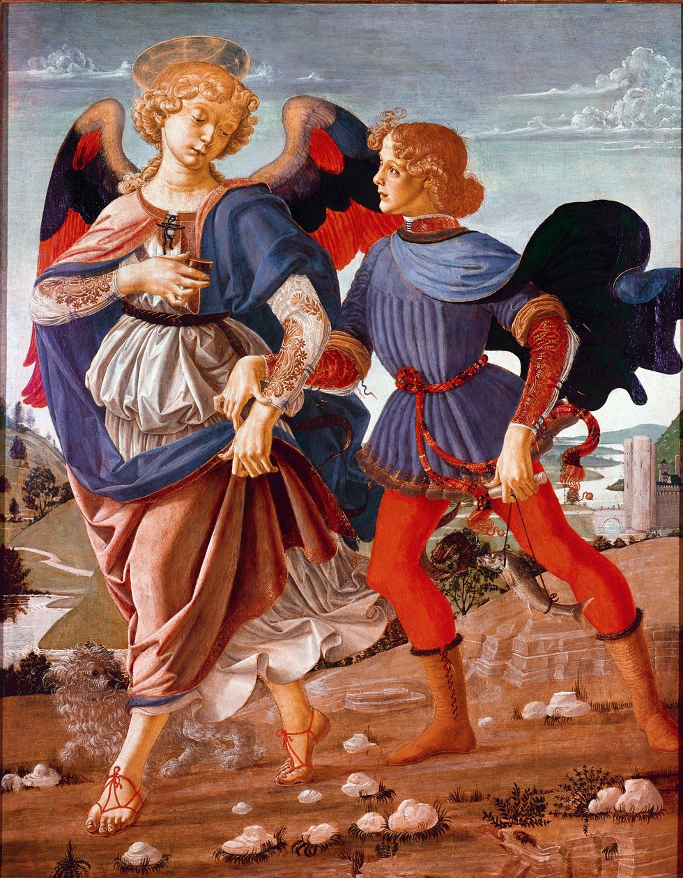 Tobias und der Engel. Tobias, von seinem blinden Vater beauftragt, die Fischgalle zu finden, wird vom Erzengel Raphael begleitet. Gemälde der Schule von Andrea del Verrocchio, 1470-1480 von Andrea del (school of) Verrocchio