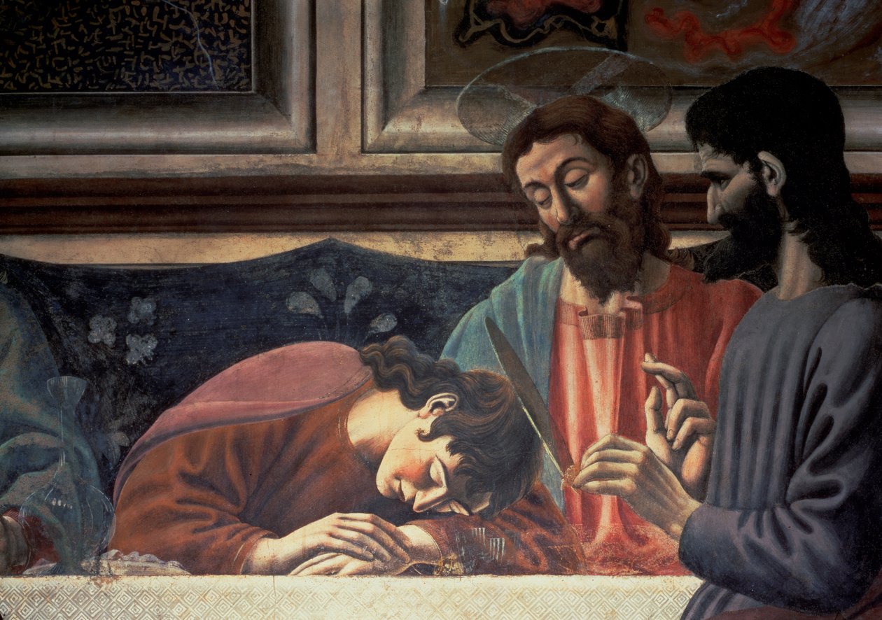 Das letzte Abendmahl, Detail von Judas, Christus und Johannes, 1447 (Detail) von Andrea del Castagno