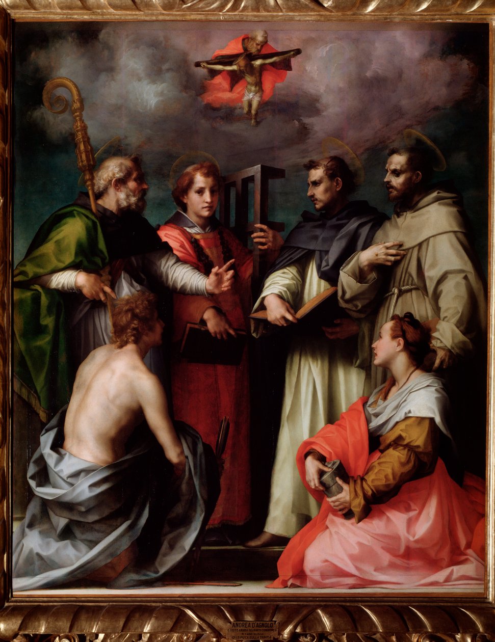 Die Disputation der Heiligen Dreifaltigkeit mit St. Peter, St. Laurentius, St. Augustinus von Hippo, St. Franziskus, St. Sebastian, St. Maria Magdalena (um 1517) von Andrea del Sarto