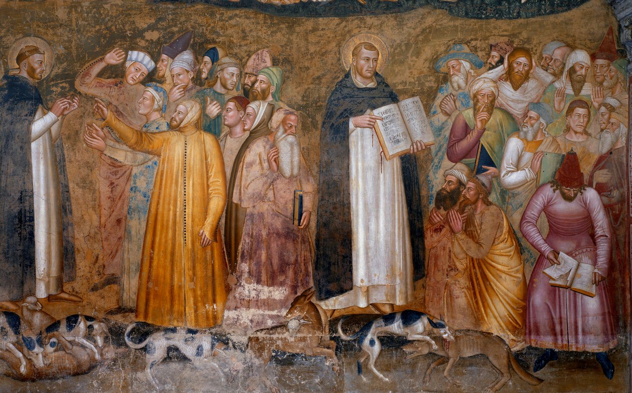 Triumph der kämpfenden Kirche: Thomas von Aquin vor den Ketzern und unten rechts, Fra Dolcino zerreißt die offizielle Lehre der Kirche. Kapelle der Spanier (Detail des Freskos, 1365) von Andrea di Bonaiuto (fl.1343 77)