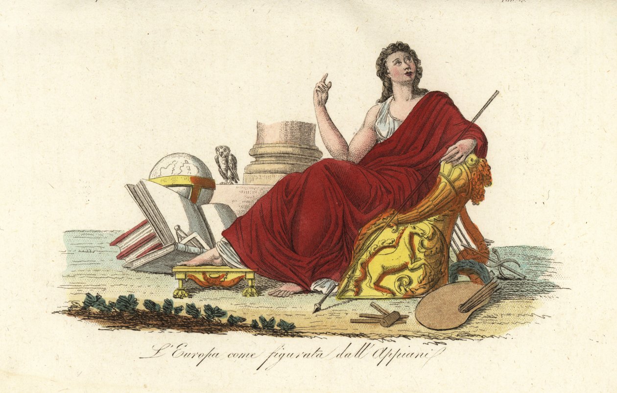 Allegorische Figur Europas auf einem Thron in einem purpurnen Gewand mit Büchern, Globus, Palette, Zepter, Leier und Eule von Andrea the Elder (after) Appiani