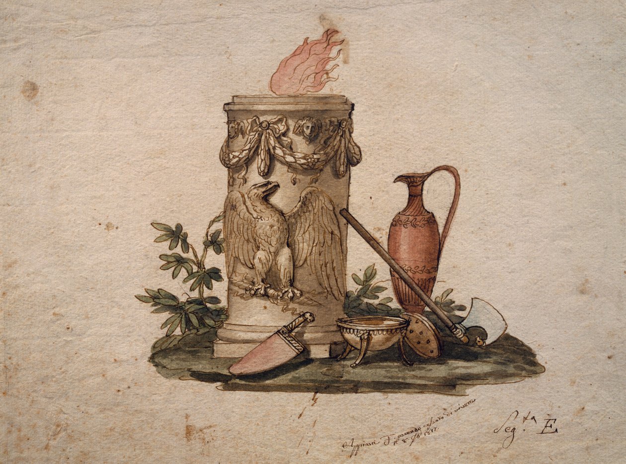Säulenförmiger Kohlenbecken, dekoriert mit Girlanden und Adler, mit Schneidwerkzeugen, Becher und Amphore von Andrea the Elder Appiani