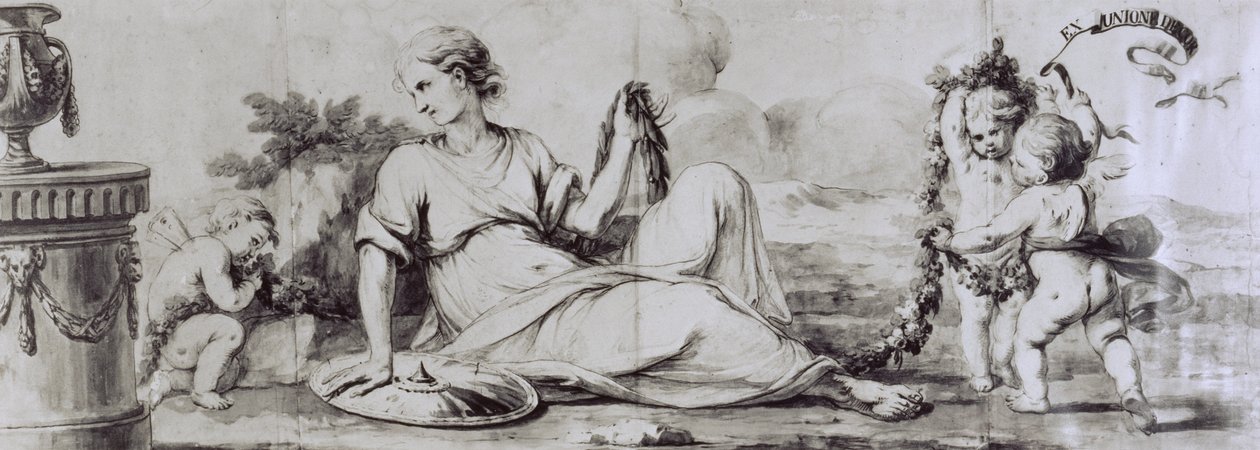 Weibliche Figur mit Putti, allegorische Komposition, ca. 1754, Entwurf von Andrea Appiani (1754-1817) für eine Kommode von Giuseppe Maggiolini, Italien von Andrea the Elder Appiani