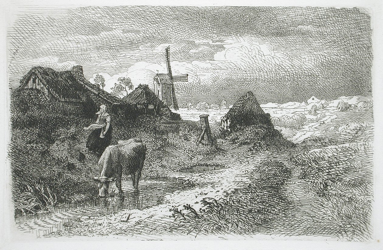 Landschaft mit Hütten und Windmühle von Andreas Achenbach