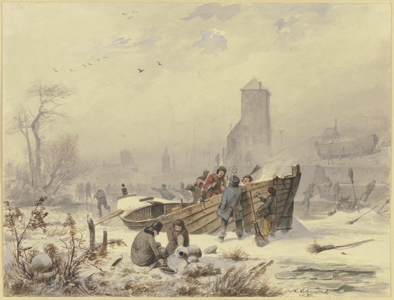 Schiffer bei einem eingefrorenen Schiff von Andreas Achenbach