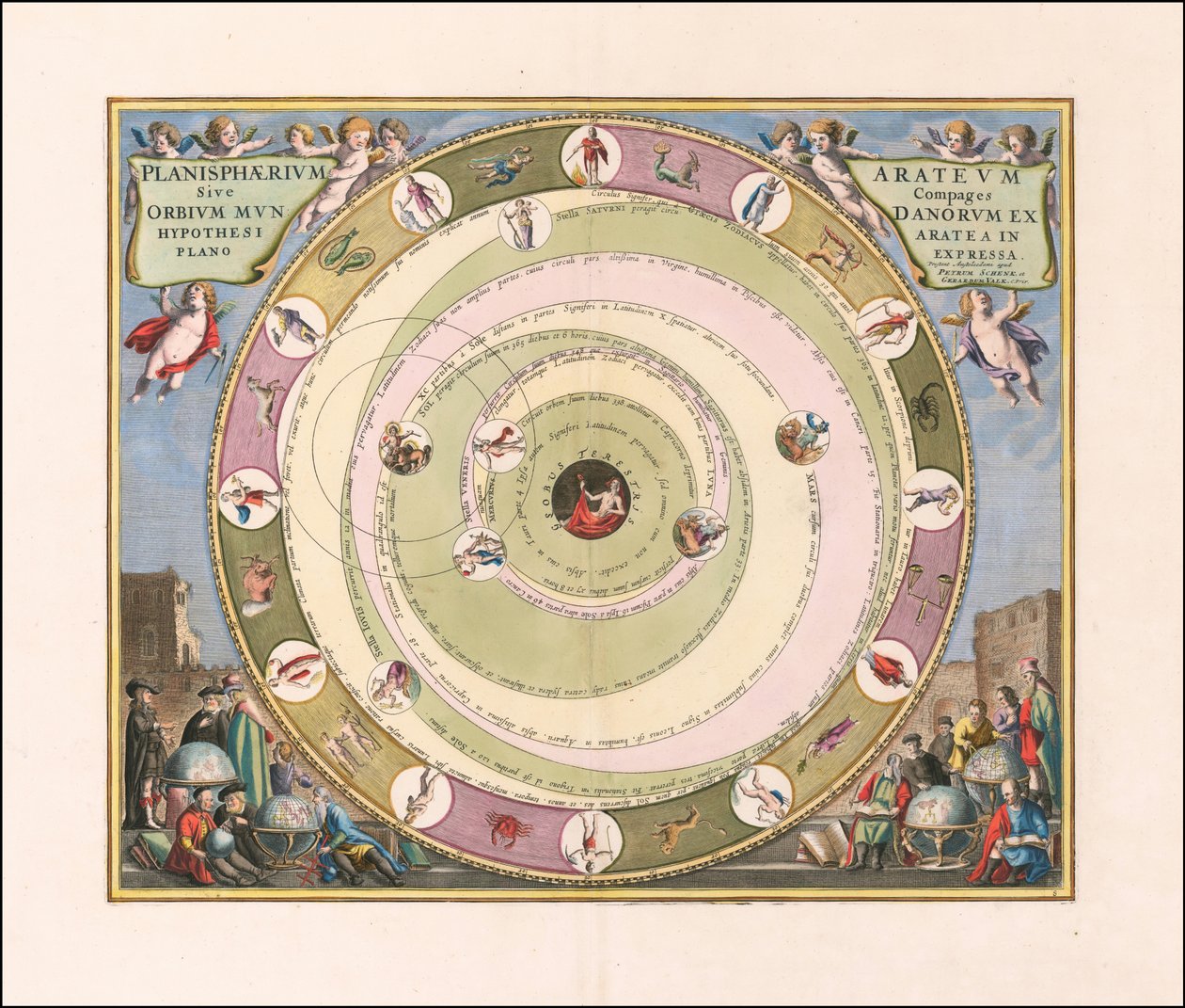 1660 Himmelskarte, die das Modell des Universums des griechischen Astronomen Aratus illustriert von Andreas Cellarius