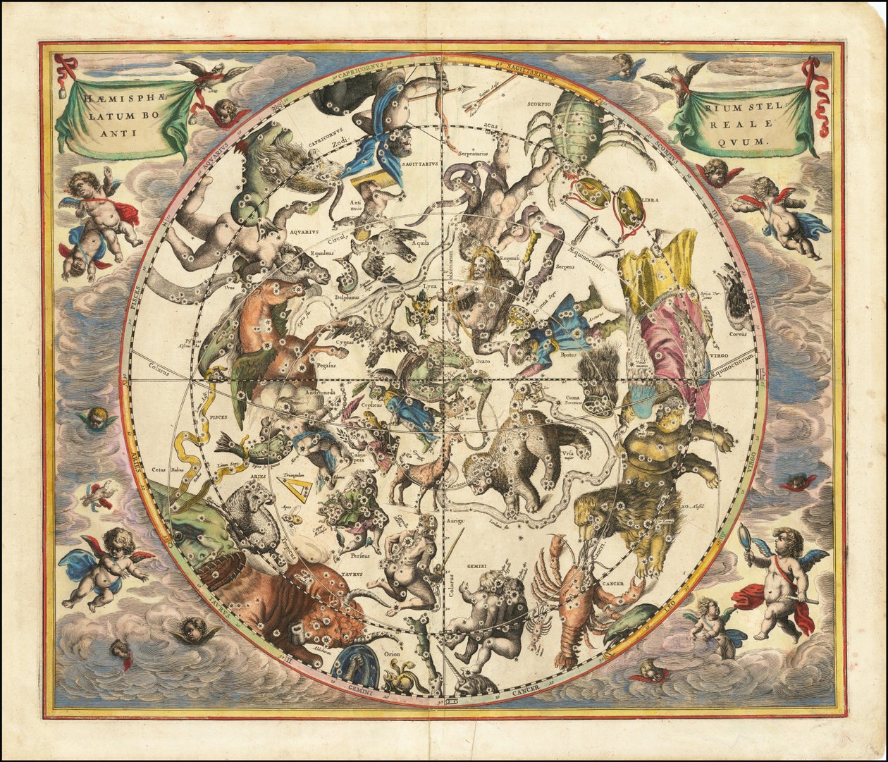 1660 Himmelskarte der Sternbilder der Nordhalbkugel über der Südhalbkugel der Erde von Andreas Cellarius