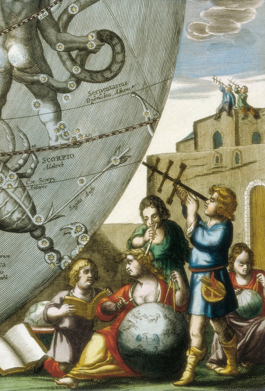 Wissenschaftler (Astrologen und Astronomen) studieren Globen und die Himmelskarte, Detail aus Atlas Coelestis seu Harmonia Macrocosmica von Andreas Cellarius (1596-1665) von Andreas Cellarius