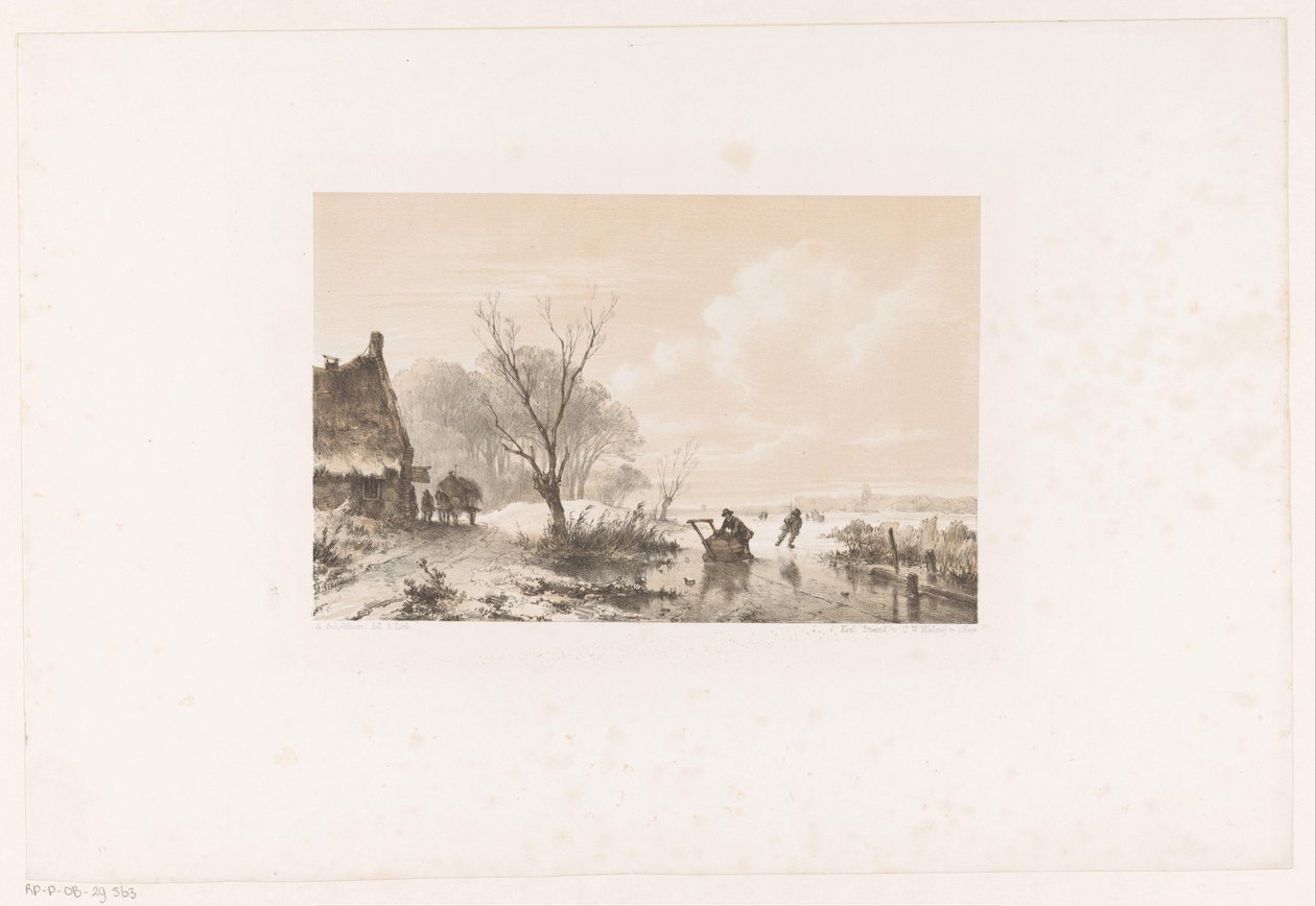 Schlittschuhläufer und Mann mit Schlitten auf gefrorenem Fluss von Andreas Schelfhout