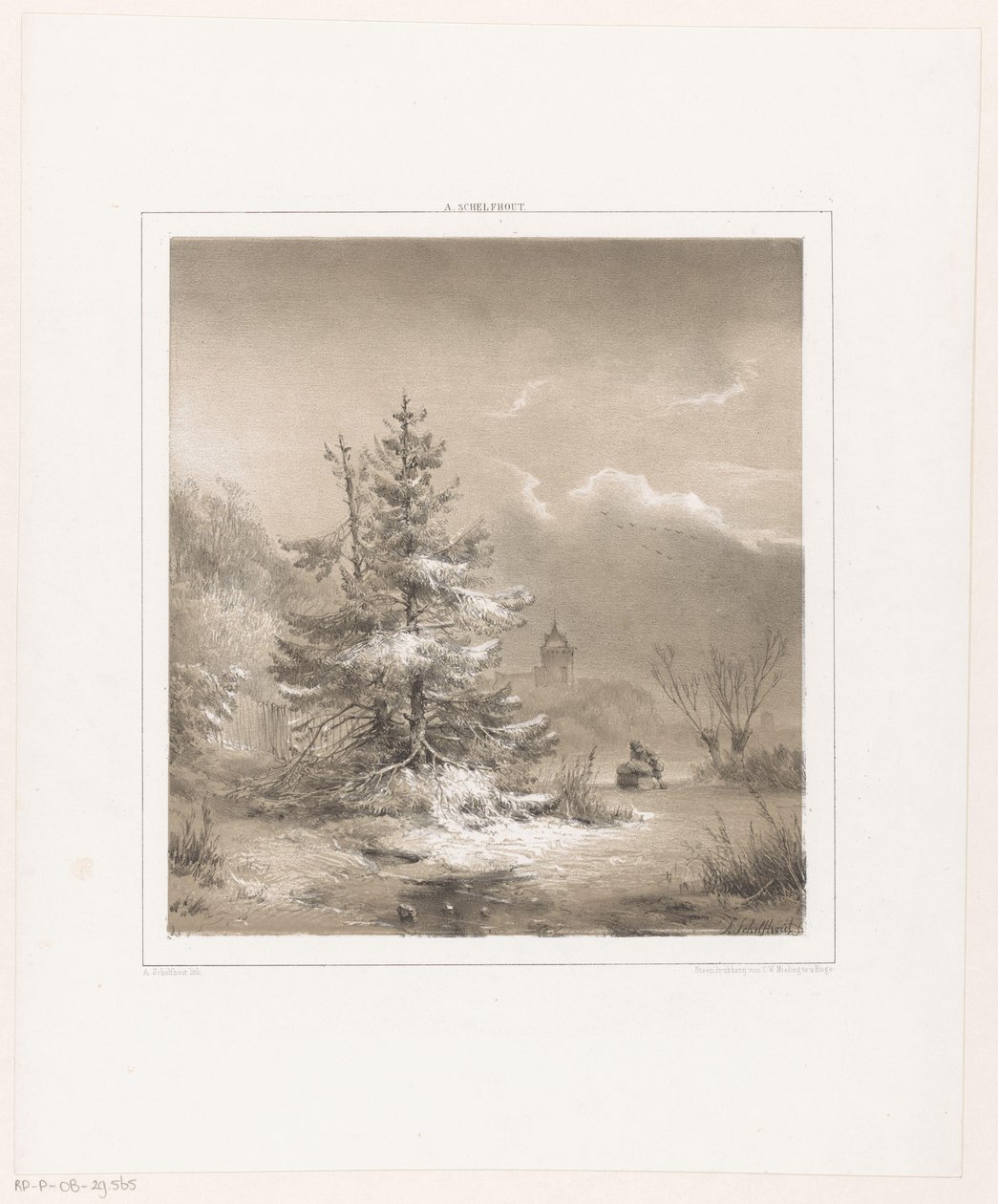 Winterlandschaft mit Nadelbäumen und Mann mit Schlitten von Andreas Schelfhout