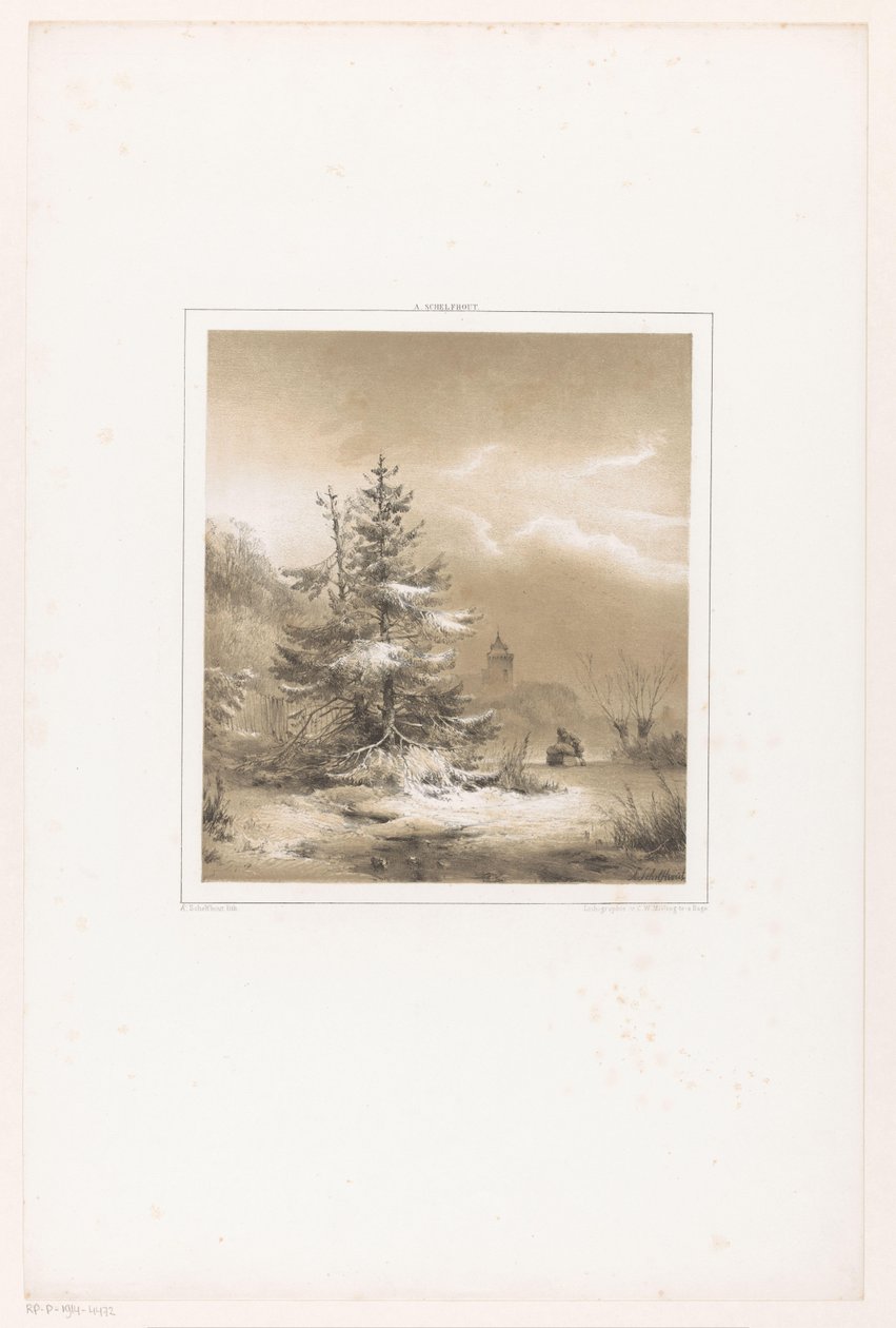 Winterlandschaft mit Nadelbäumen und Mann mit Schlitten von Andreas Schelfhout