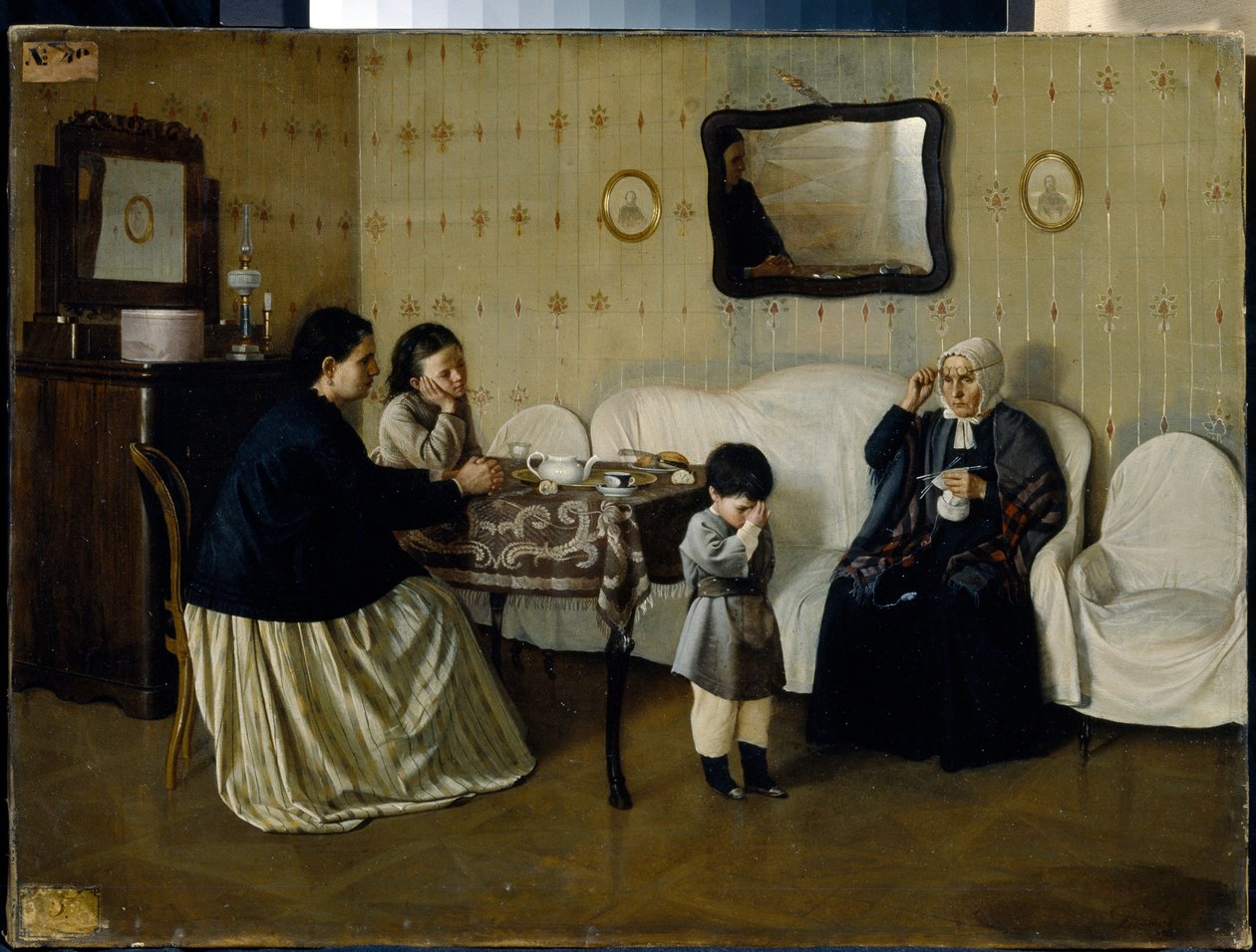 Ein familiärer Morgen, ein Kind das Beten lehren von Andrei Rumyantsev