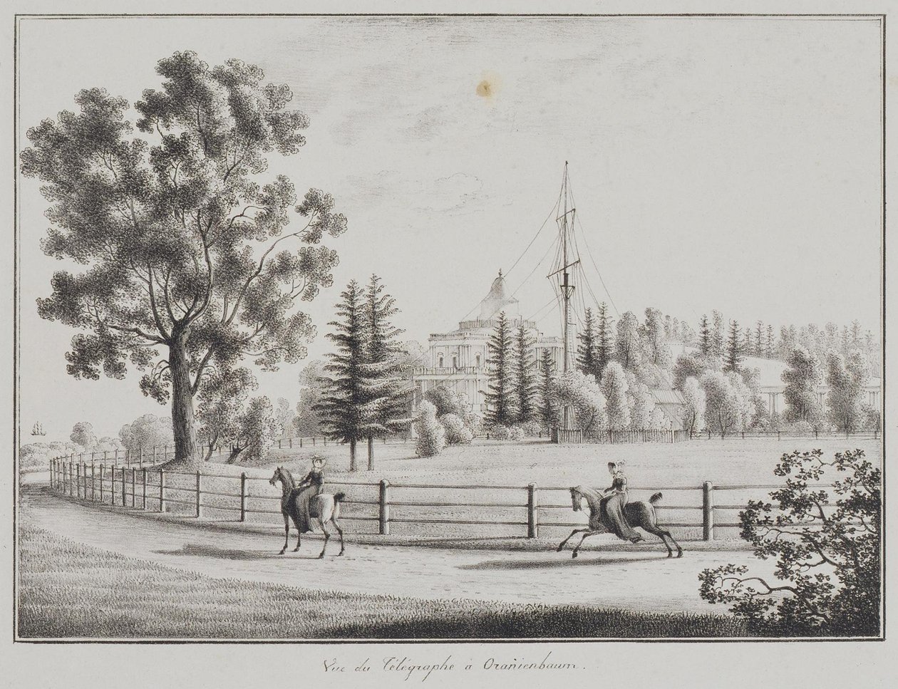 Ansicht des Rodelpavillons und des Telegrafen in Oranienbaum, 1821-1822 von Andrei Yefimovich Martynov