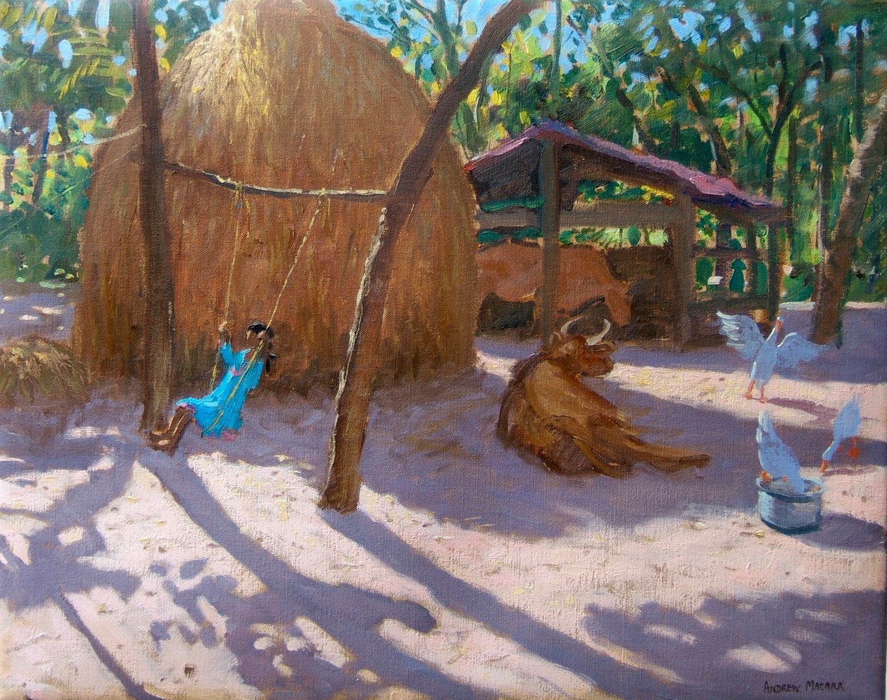 Heuhaufen und Mädchen auf einer Schaukel, Kerala von Andrew Macara