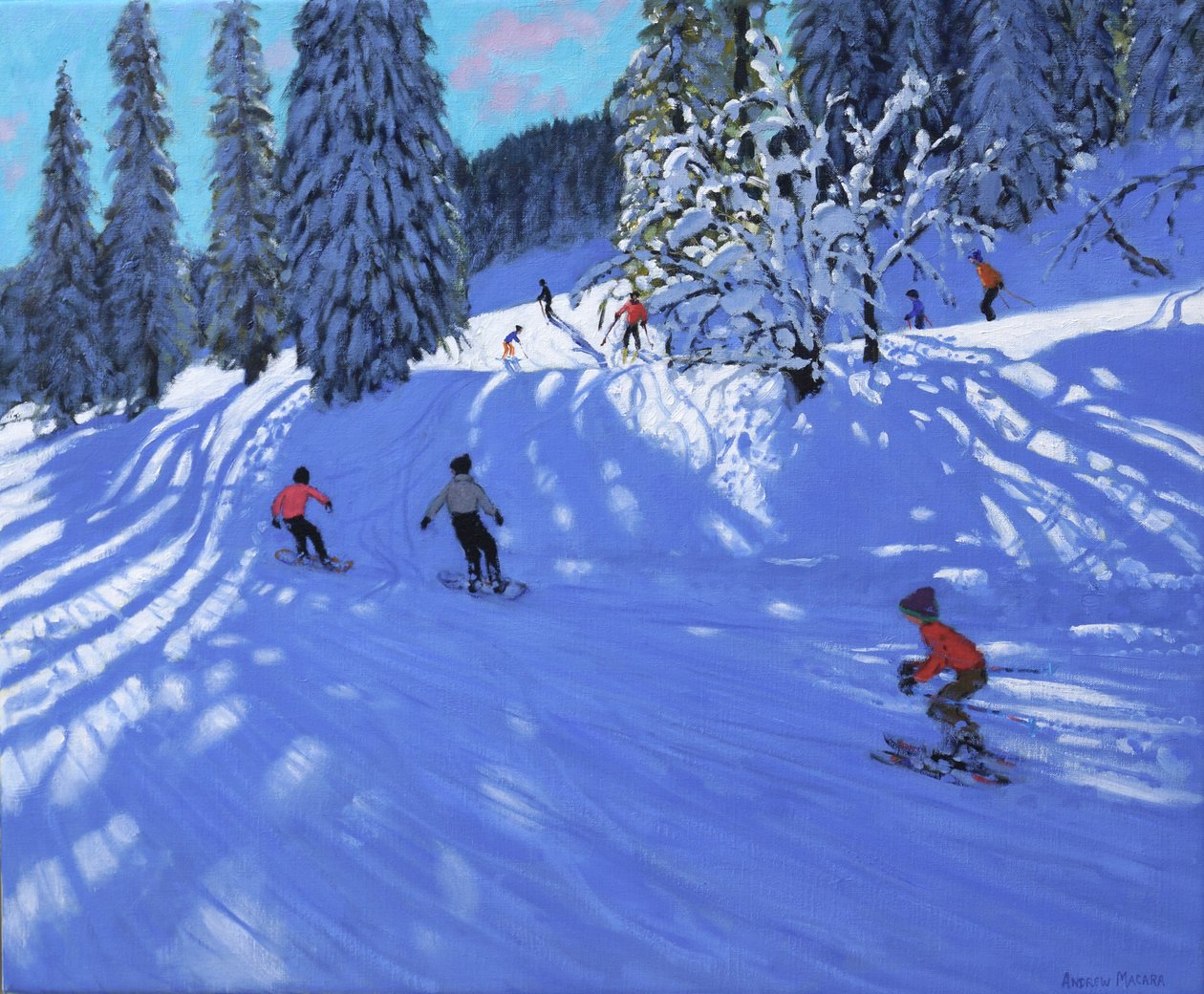Snowboarder und Skifahrer, Morzine, Frankreich, 2022 von Andrew Macara