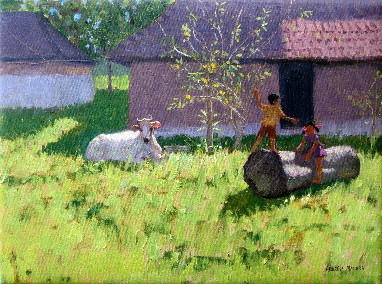 Weiße Kuh und zwei Kinder, Mankotta Island, Kerala, Indien von Andrew Macara