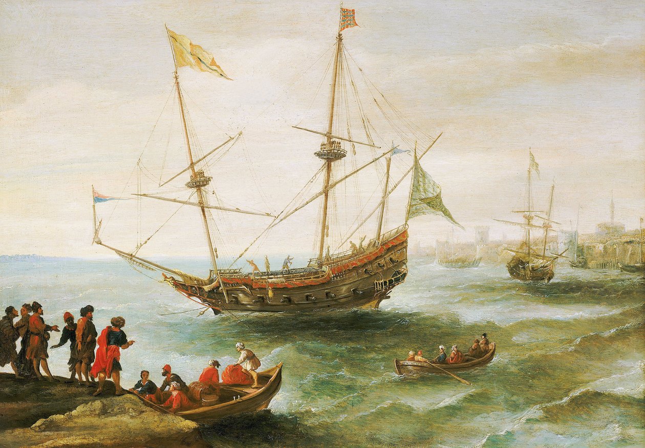Ein Algerier in einem Hafen in der Barbarei (Name, der von Europäern der Küste Nordafrikas vom 16. bis 19. Jahrhundert gegeben wurde). Ölgemälde von Andries van Eertvelt (1590-1652) von Andries van Eertvelt