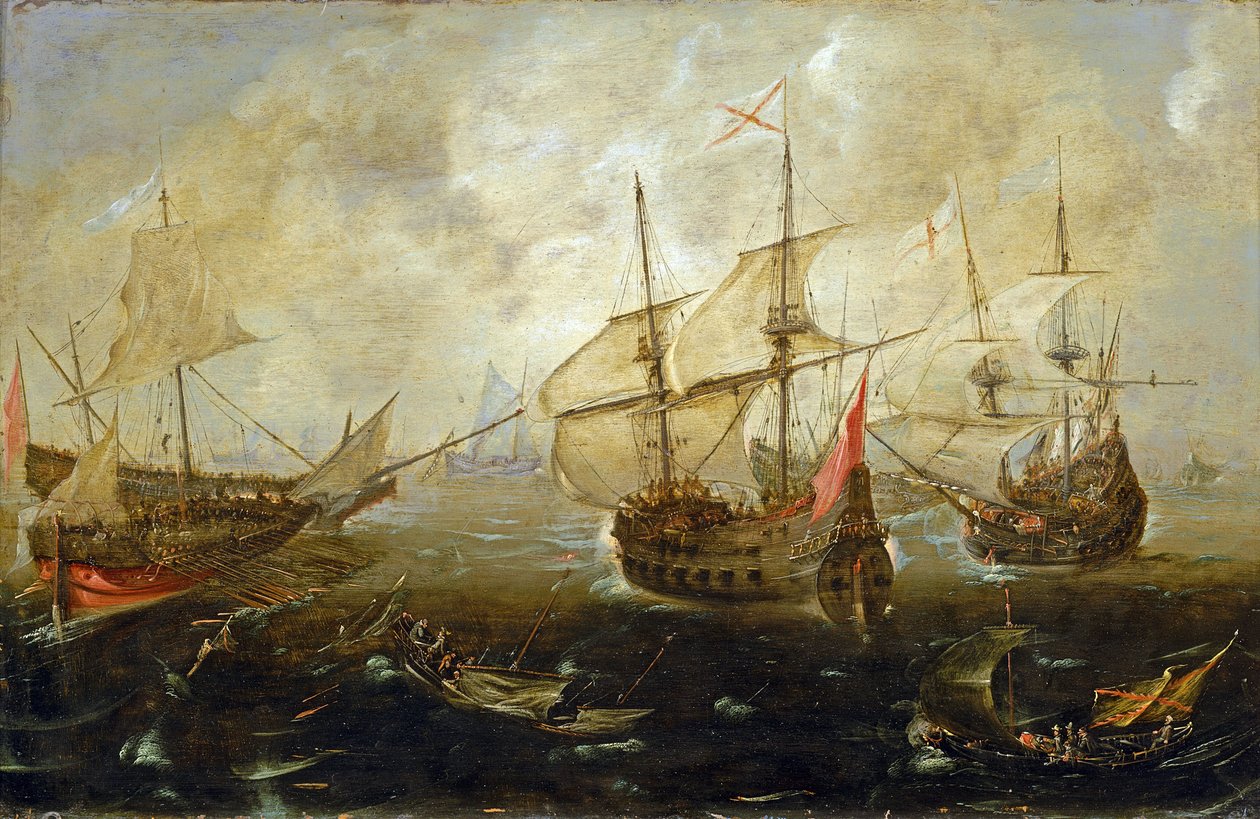 Manöver zwischen britischen (rechts) und spanischen Schiffen, die Boote nähern sich einander, sahen schwer beladen aus, wahrscheinlich mit Soldaten von Andries van Eertvelt
