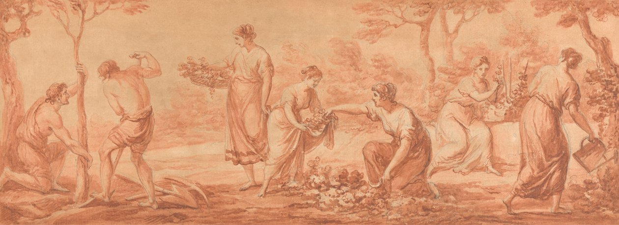 Ein Fries: Männer pflanzen Bäume, Frauen sammeln Blüten und gießen Blumen von Angelica Kauffmann