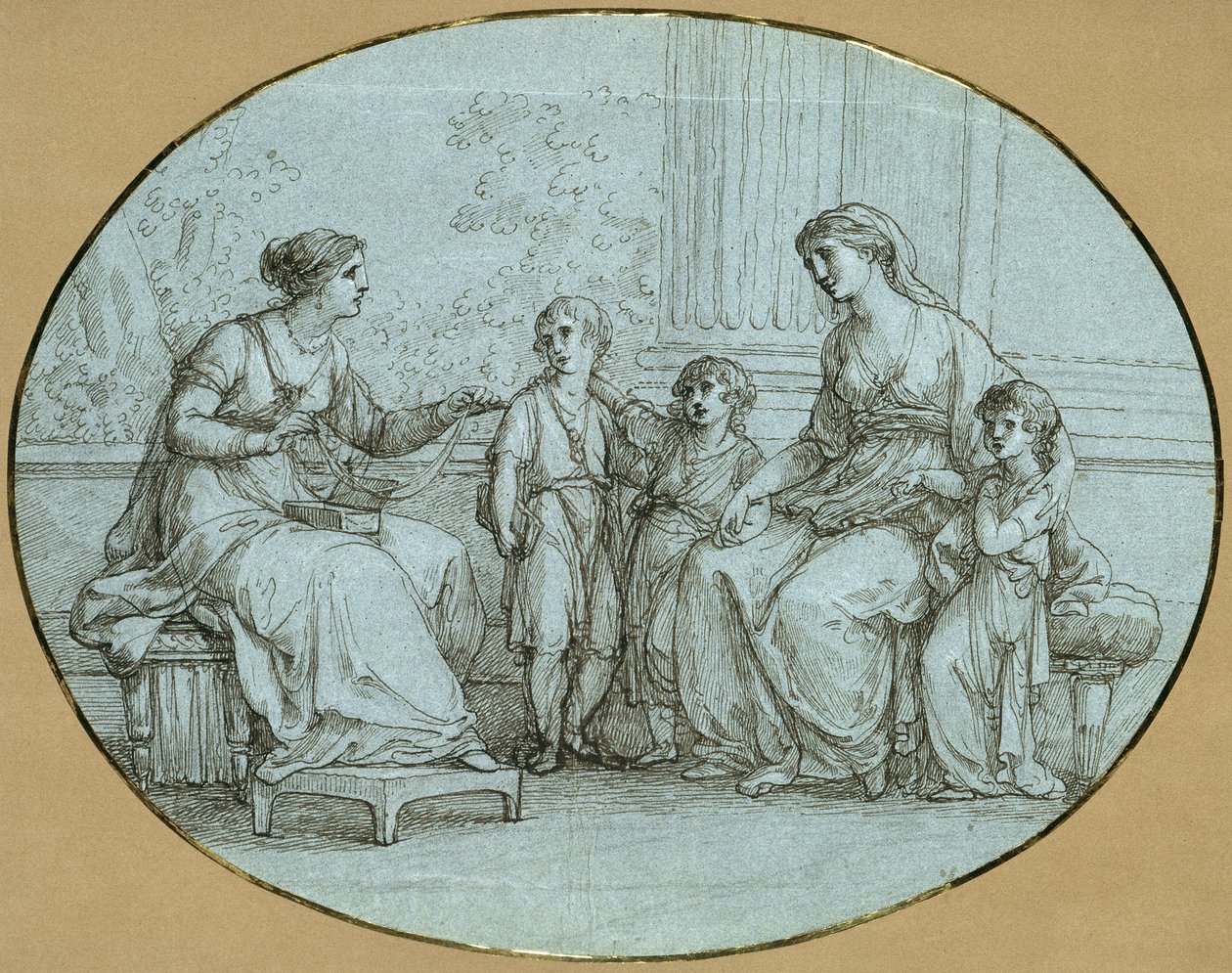 Cornelia, die Mutter der Gracchen, zeigt (rechts) einer reichen Römerin ihre drei Kinder als ihren kostbarsten Besitz von Angelica Kauffmann