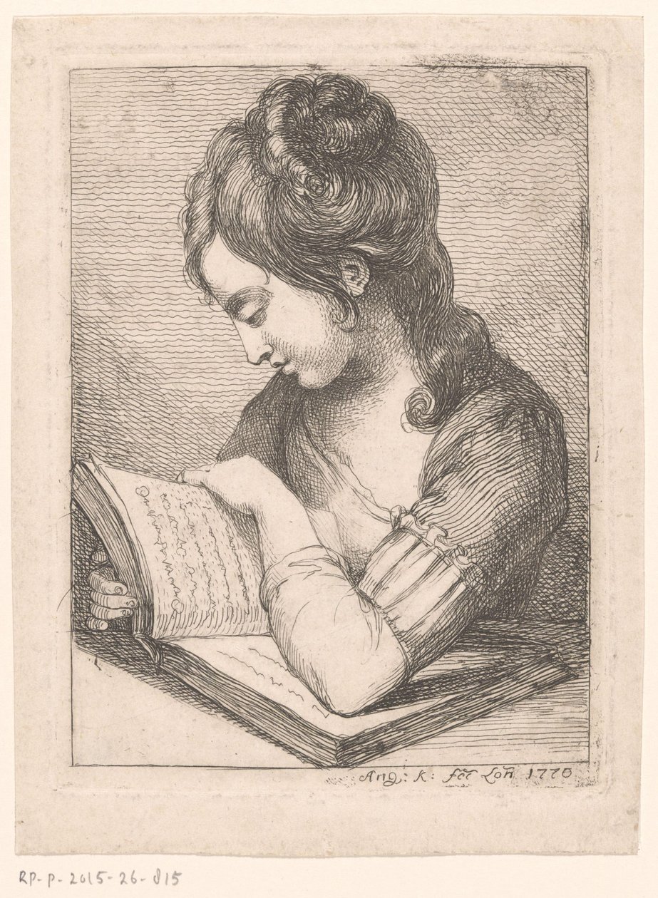Lesende junge Frau an einem Tisch, ihr Ellbogen auf einem Buch ruhend von Angelica Kauffmann