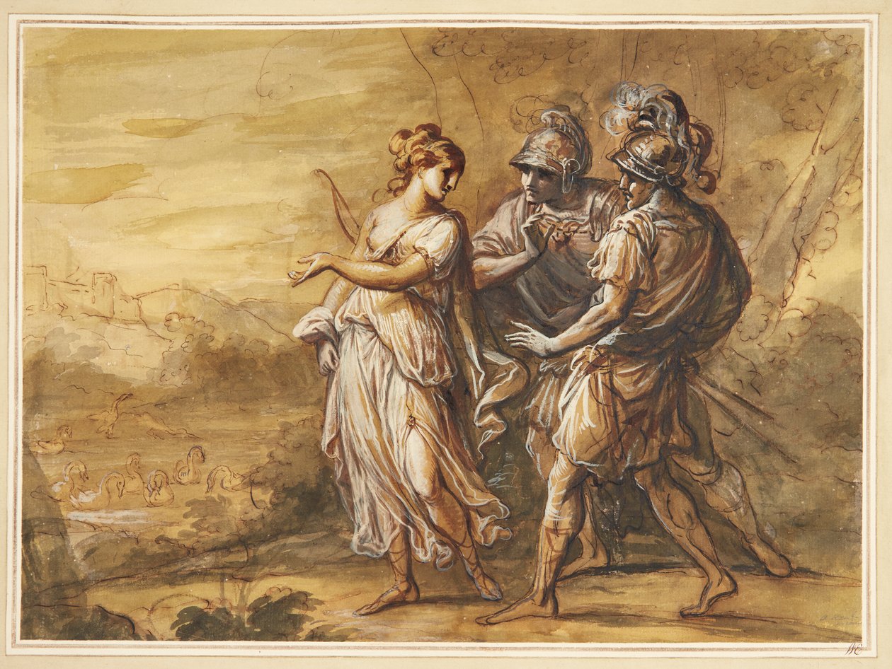 Mythologische Szene. Junge Frau mit Bogen wendet sich zu zwei bewaffneten Männern von Angelica Kauffmann