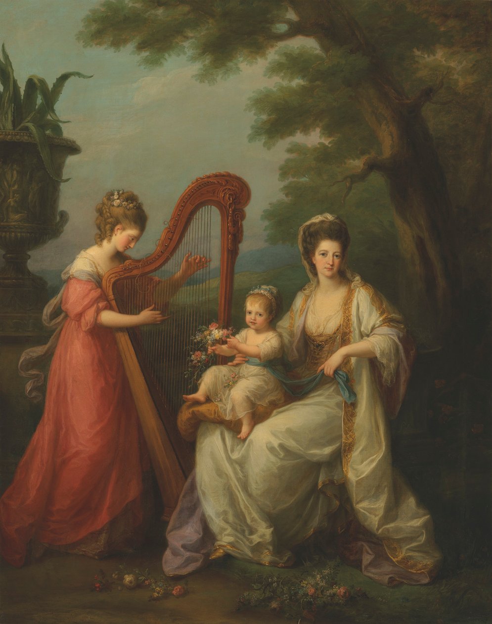 Porträt von Lady Elizabeth Smith-Stanley, Gräfin von Derby, mit ihrem kleinen Sohn Edward, später 13. Earl of Derby, und ihrer Halbschwester, Lady Augusta Campbell, die Harfe spielt von Angelica Kauffmann