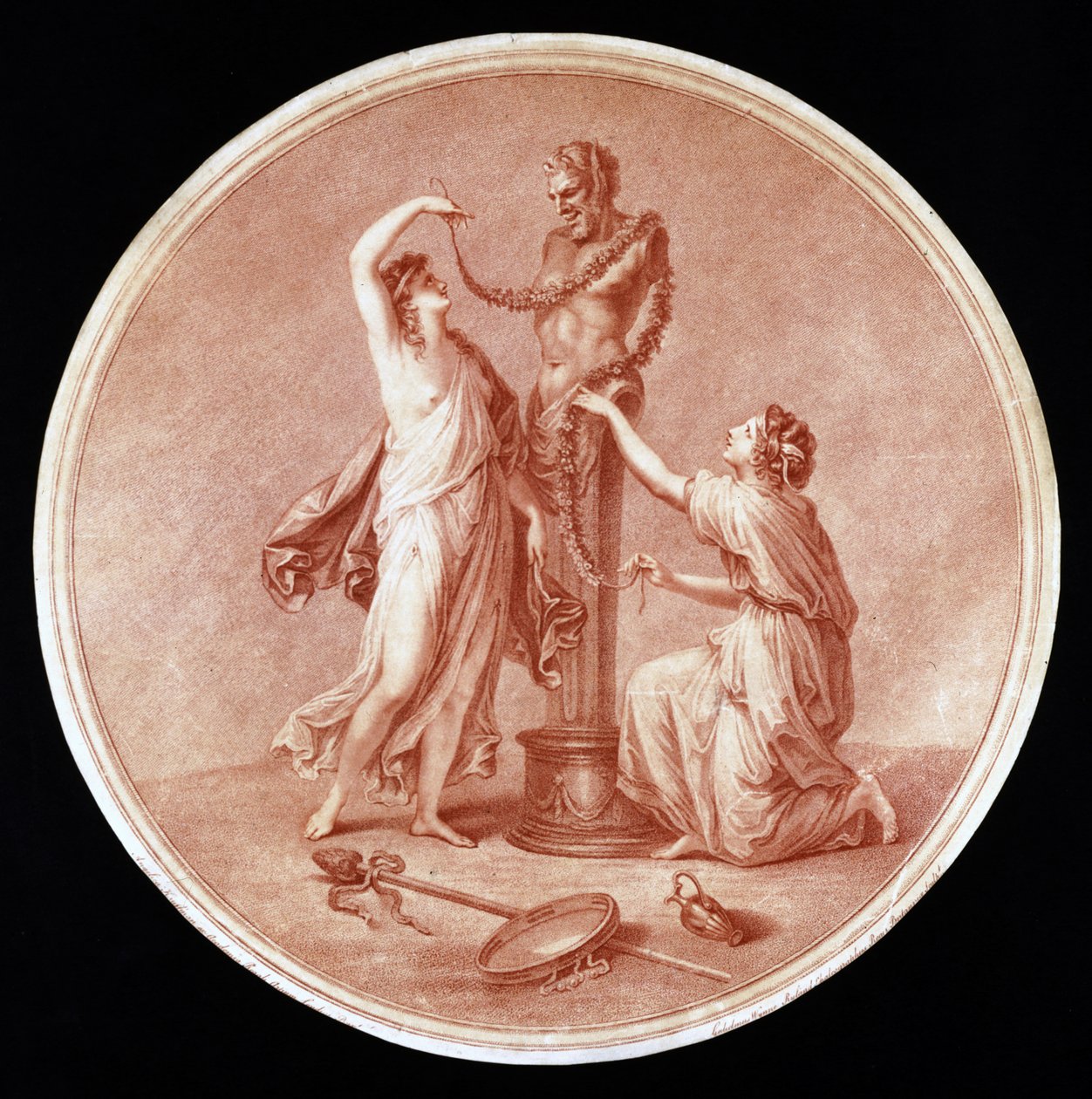 Nymphen schmücken eine Statue des Pan, graviert von William Wynne Ryland, 1776 von Angelica after Kauffmann