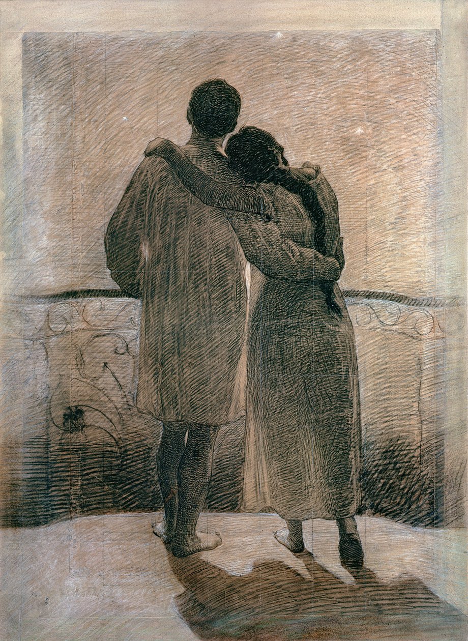 Junges Paar, Mittelteil des Triptychons Traum und Wirklichkeit, 1905 von Angelo Morbelli